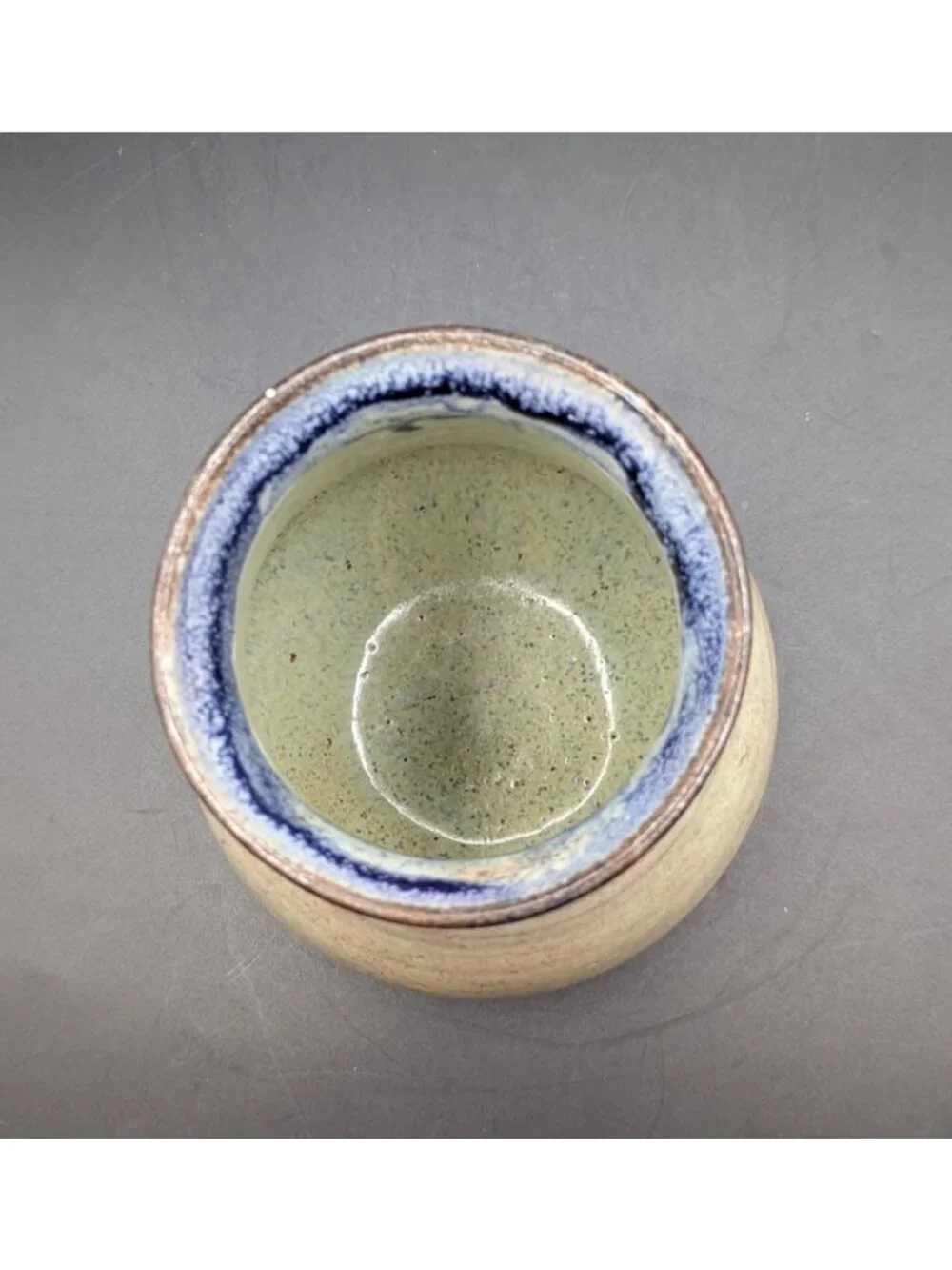Studio Art Pottery Vase Wide Bottom Blue Glaze Stripe Artist Signed 6.25